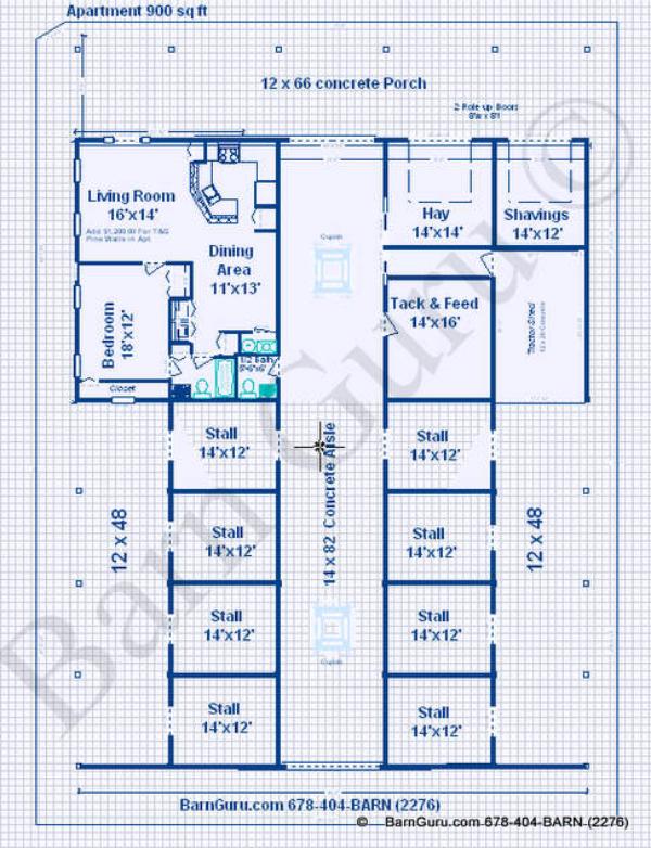 8 Stall Horse Barn With one bedroom Living Quarters Plans - Blue Prints - Sale